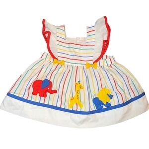Vintage Cradle Togs 12M Zoo Animal Applique Sundress Rainbow Stripe Baby Dress